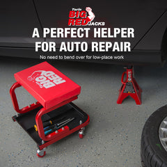 BIG RED creeper seat shows large tool tray for quick access to gear.