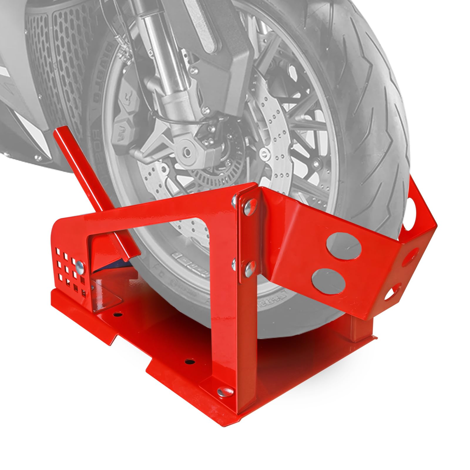Big Red wheel chock heavy-duty stand securing the front wheel