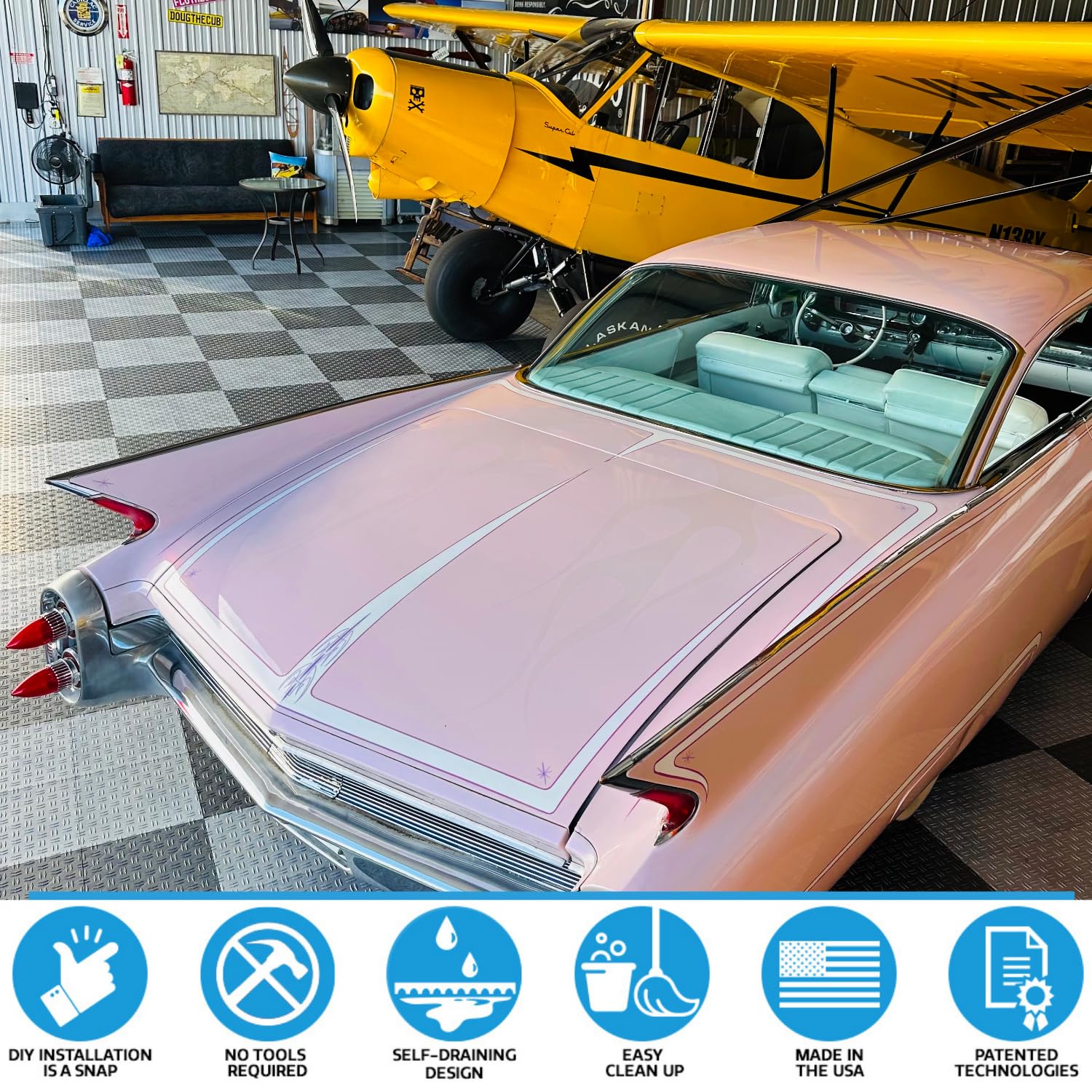 Big Floors GarageTrac easy-clean tiles resist stains and dirt.