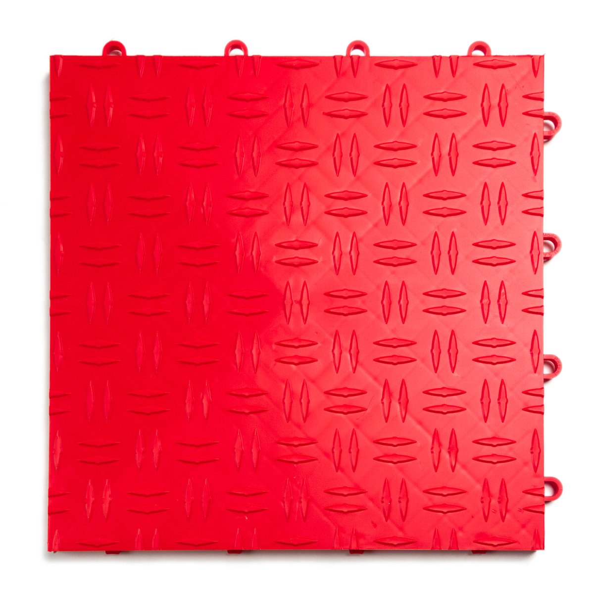 Big Floors GarageTrac red interlocking tiles show tool-free installation.