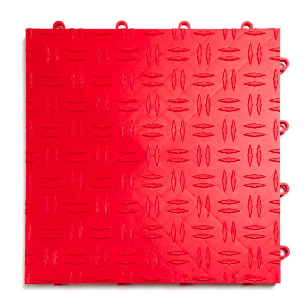 Big Floors GarageTrac red interlocking tiles show tool-free installation.