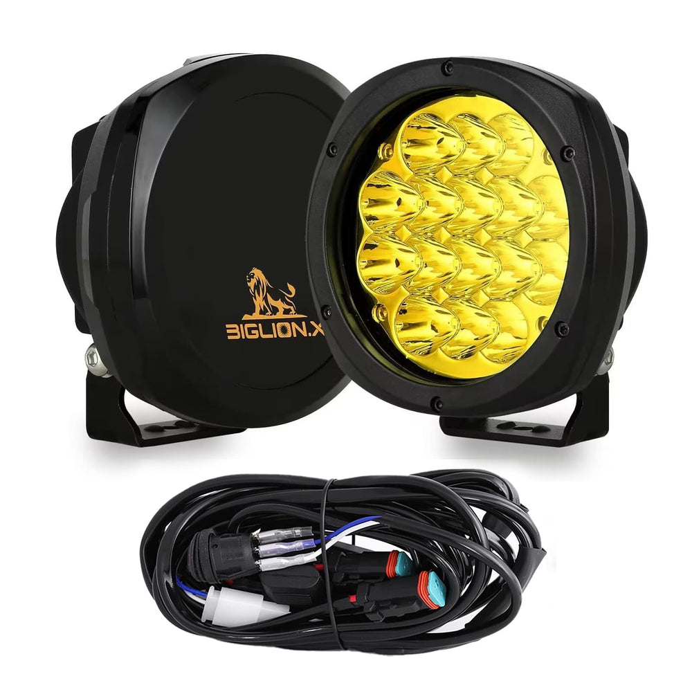 BIGLION.X amber round LED offroad light front view improves night visibility.
