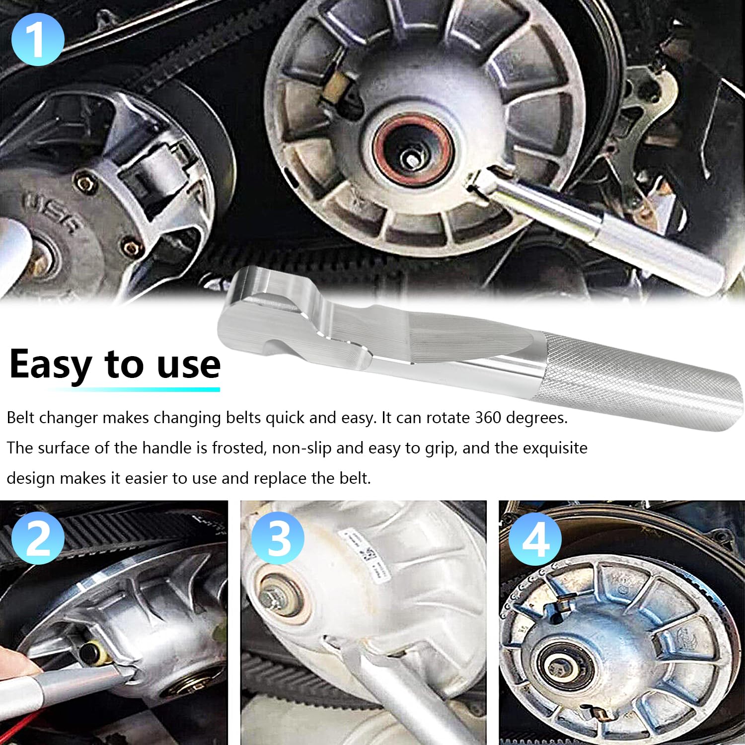 BIGLKNM belt-changing tool enabling 360-degree rotation for secondary clutch access.