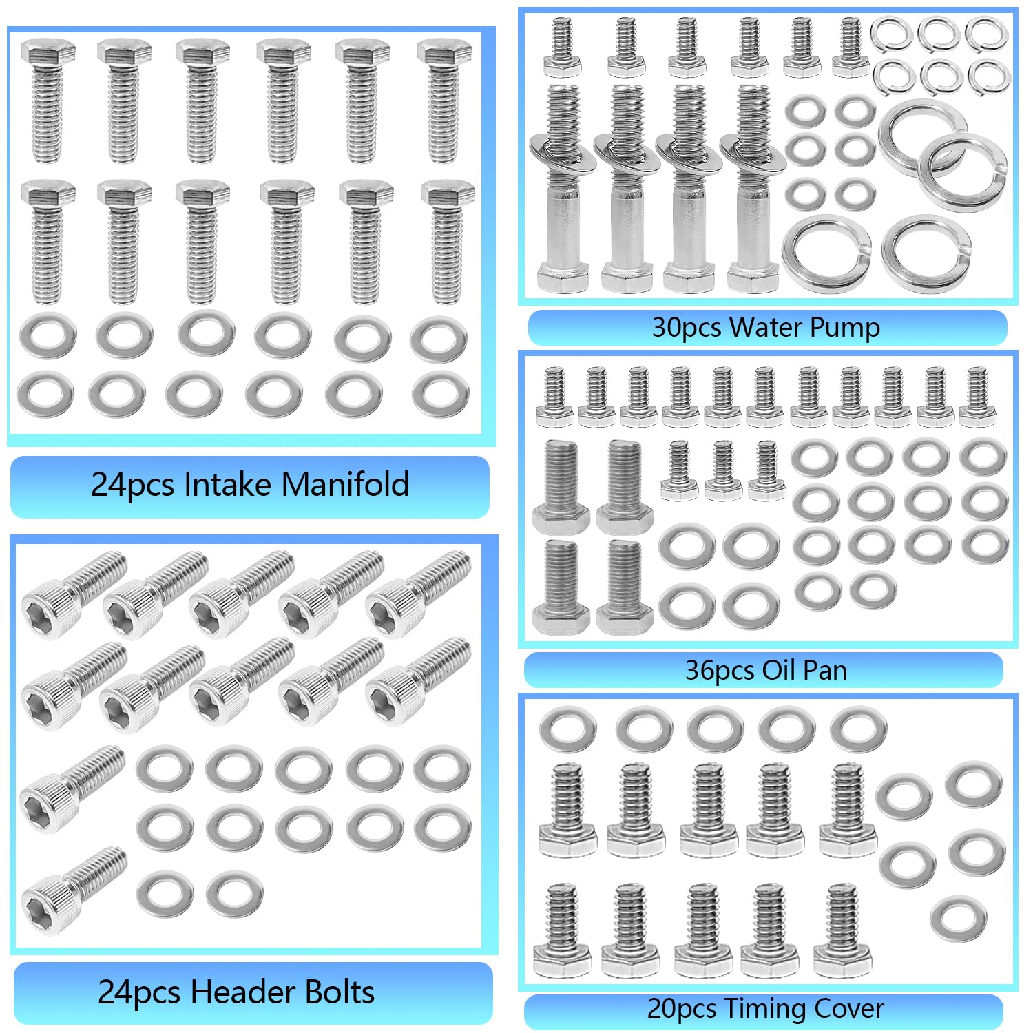BIGLKNM stainless steel bolt kit for SBC with durable, corrosion-resistant bolts