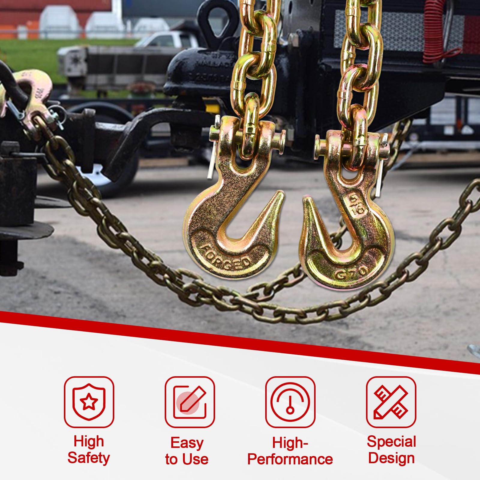 BIGREAT tow chain in truck setup illustrating 4:1 safety factor.