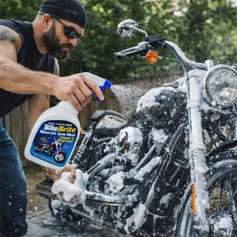 Bike Brite MC44 spray wash foaming action on chrome wheels for deep cleaning