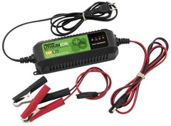 BikeMaster charger connected to bike battery showing SAE quick disconnect and rugged ABS build