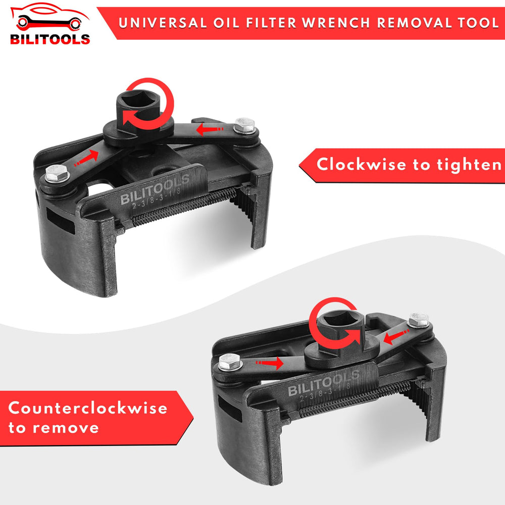 BILITOOLS adjustable oil filter wrench claws in action securing a filter.