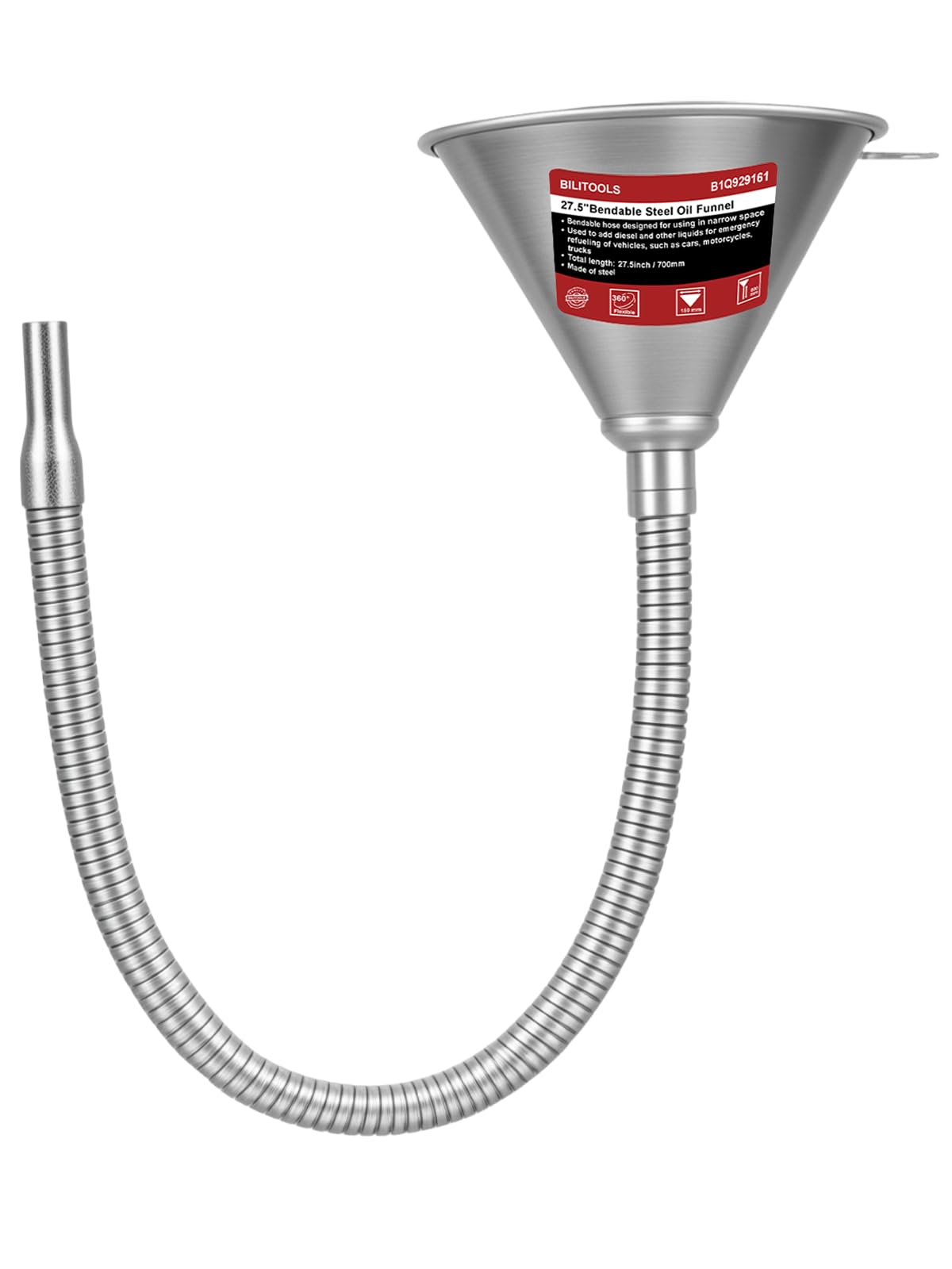 BILITOOLS bendable-spout oil funnel enables precise pouring in tight spaces.
