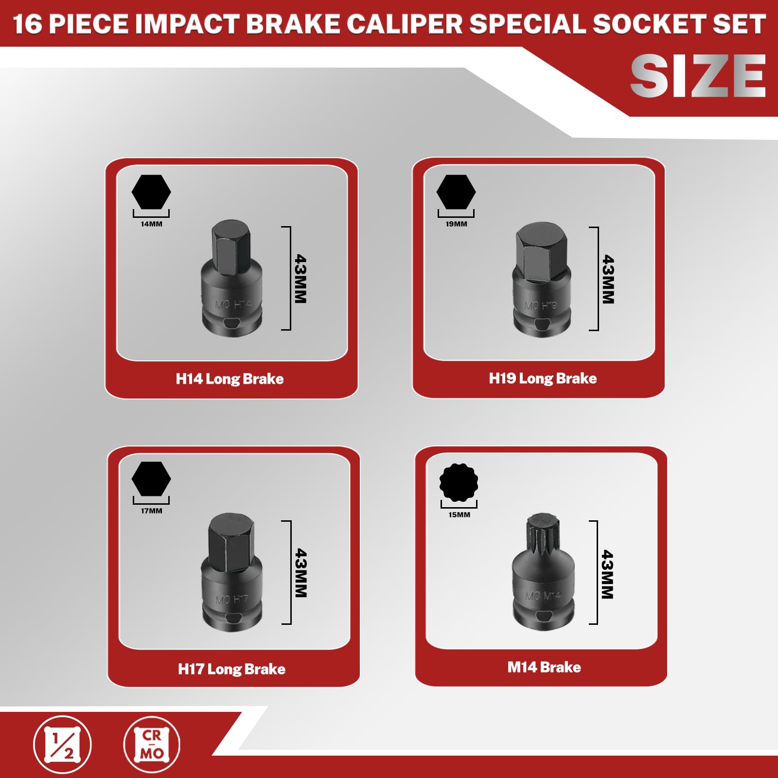BILITOOLS chrome-molybdenum steel sockets for durability under high torque.