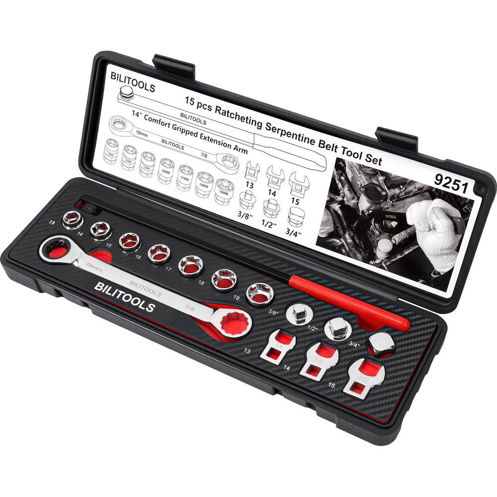 BILITOOLS complete belt-tool kit supports removal or installation on spring-loaded tensioners.