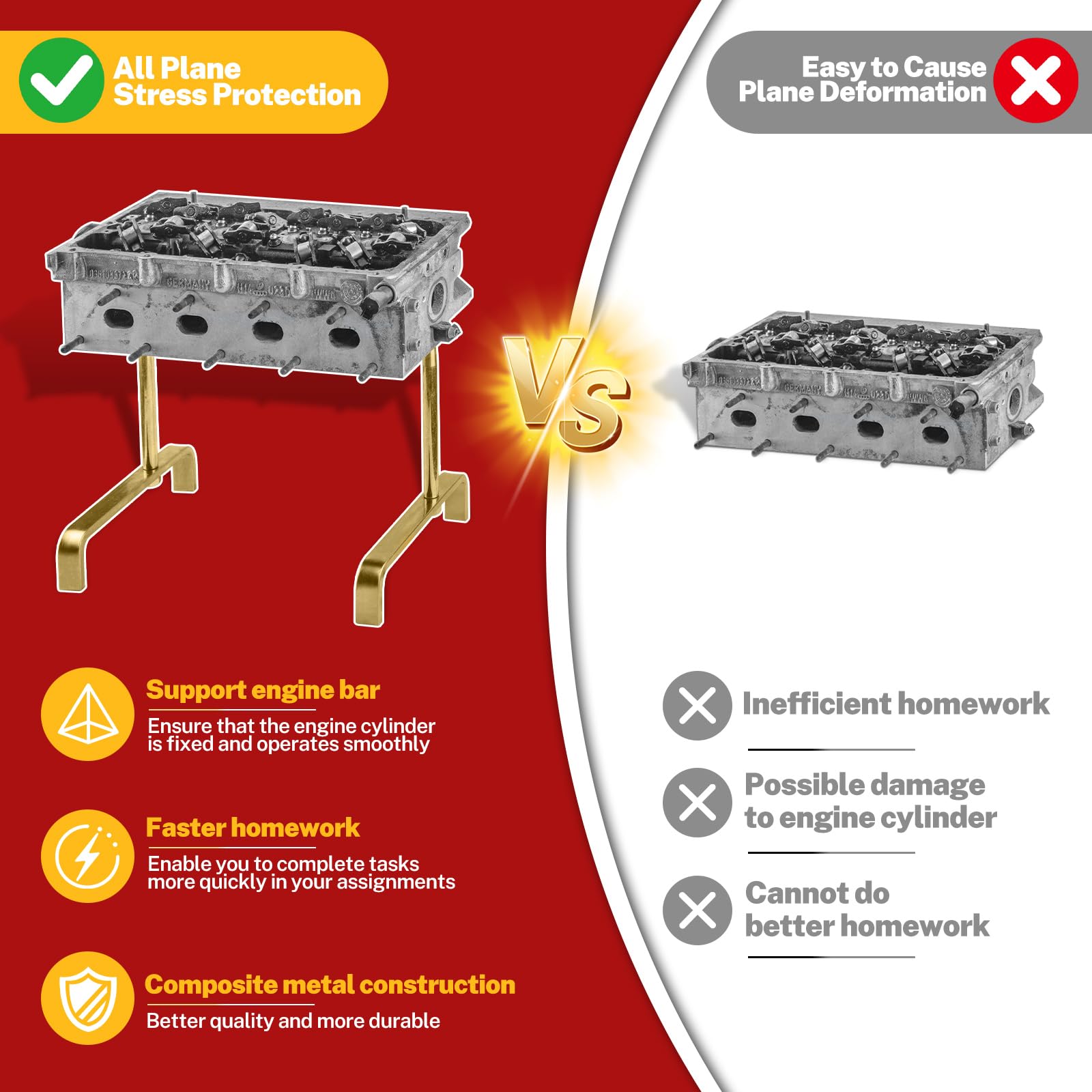 BILITOOLS cylinder head stand provides a 9-inch height for clear access during tasks.