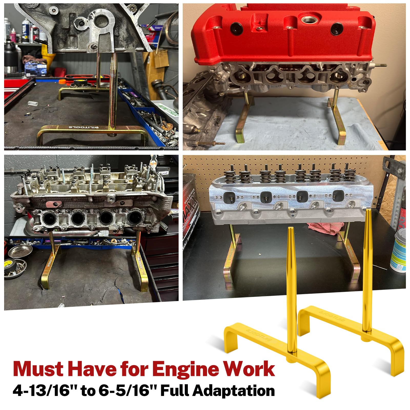 BILITOOLS cylinder head stand demonstrates universal compatibility across engine bolt hole sizes.