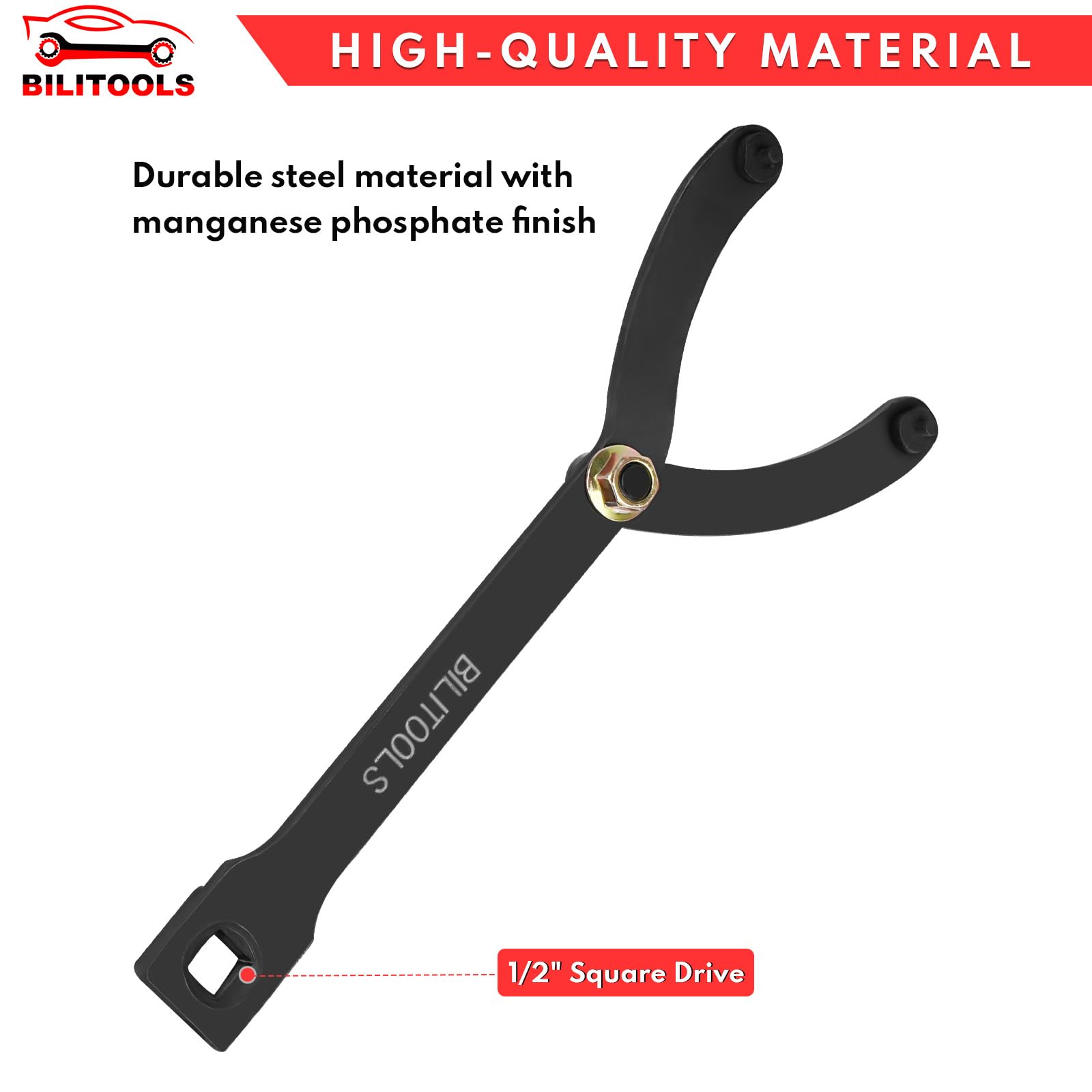 Bilitoools half-inch drive ratchet attachment enables extended reach and torque.