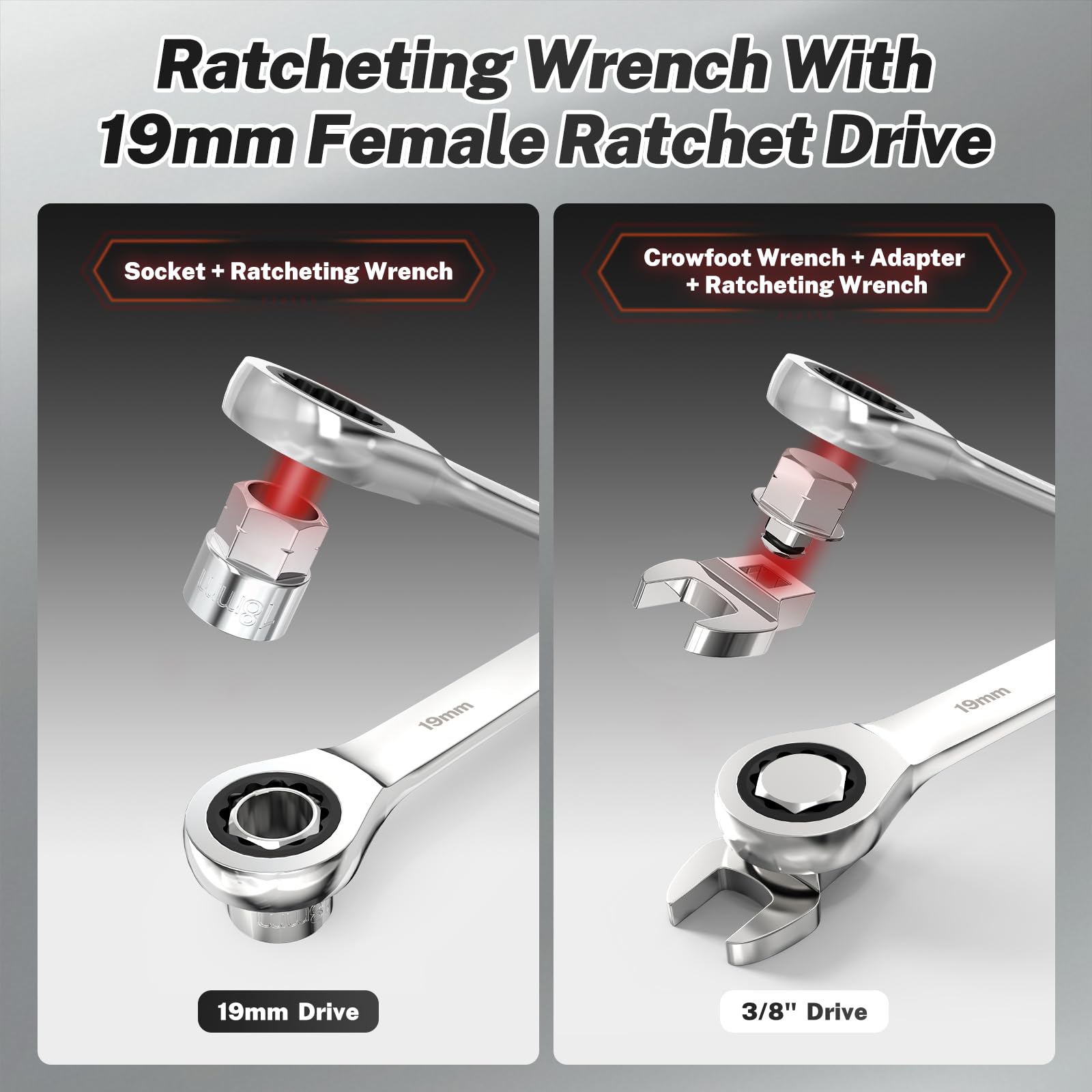 BILITOOLS ratcheting wrench with 19mm and 7-8 drive provides versatile leverage.
