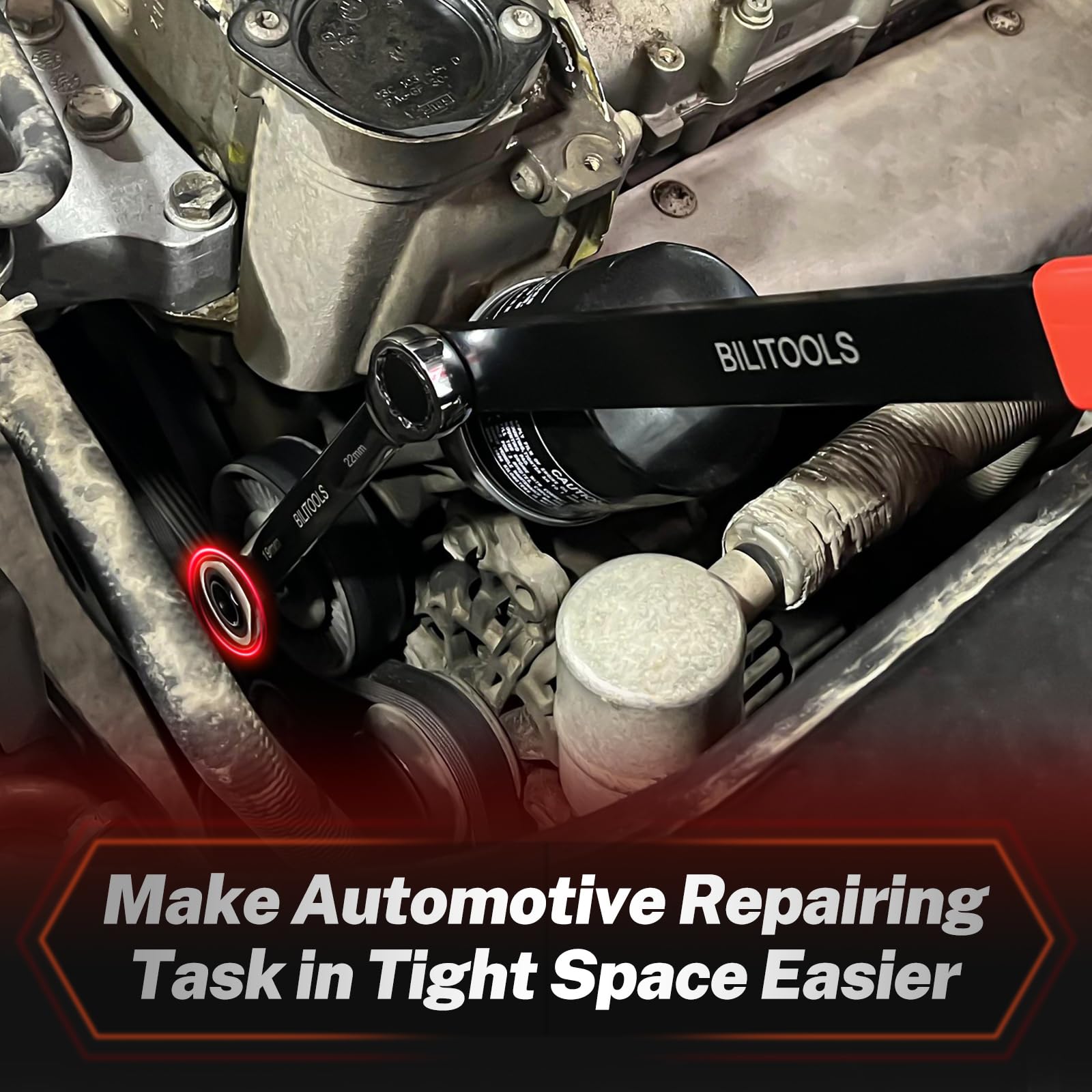 BILITOOLS ratcheting wrench with 19 mm and 22 mm drives speeds tensioner work.