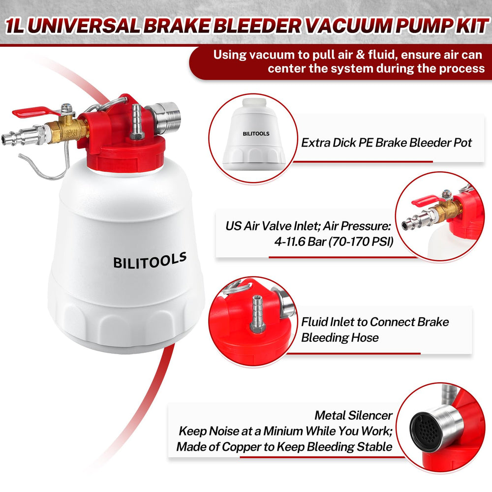 BILITOOLS 1L brake bleeder kit adapters pack enables compatibility with multiple vehicles.