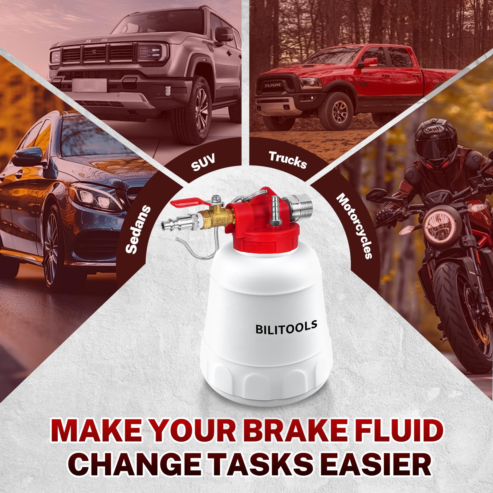 BILITOOLS 1L brake bleeder kit in use on a car showing hands-free operation.