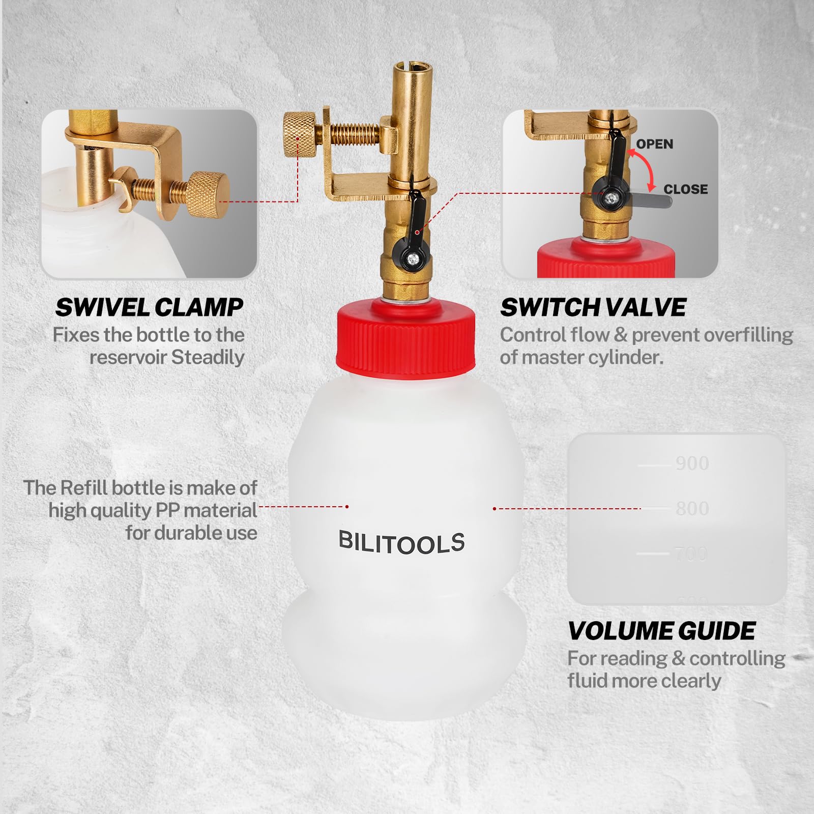 BILITOOLS 1L bottle with flow control minimizes spills in busy garages.