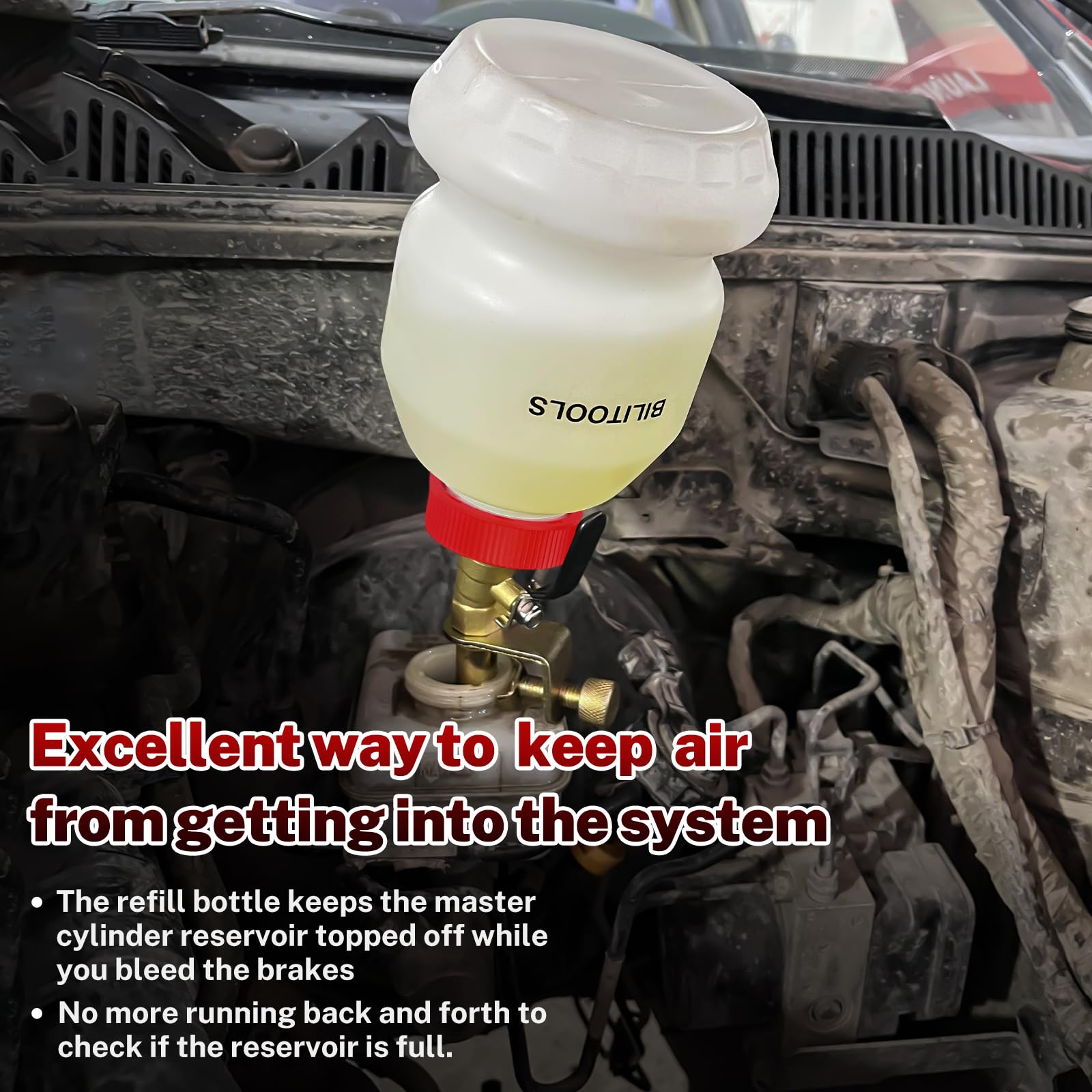 BILITOOLS 1L bottle shows fluid level clearly for precise topping during service.