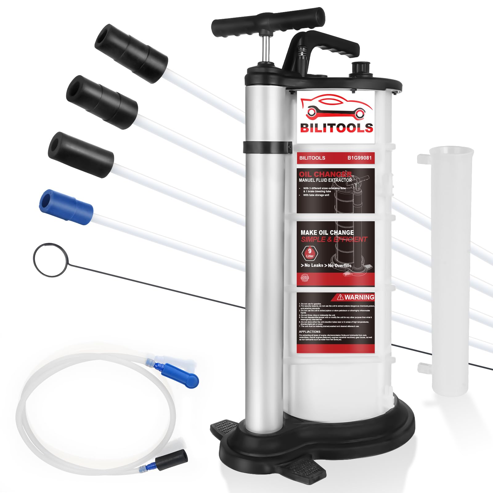 BILITOOLS 9L oil extractor base with a sturdy foot pedal for stability.