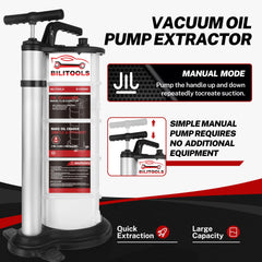 BILITOOLS 9L oil extractor storage tube highlights organized hoses and clean workspace.