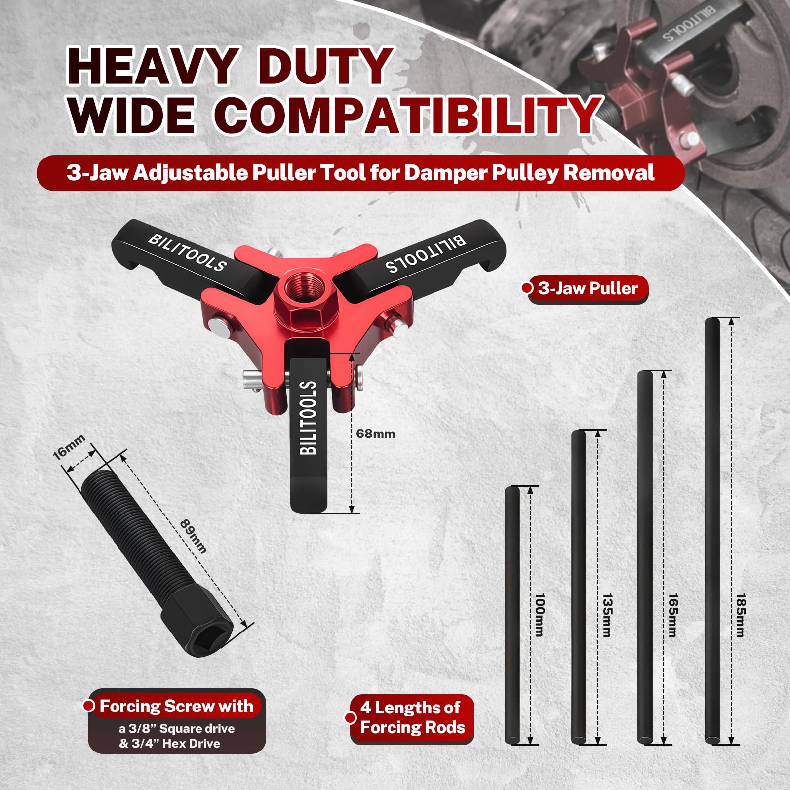 Bilitoools 3-jaw puller applies balanced force to protect crankshaft threads during removal