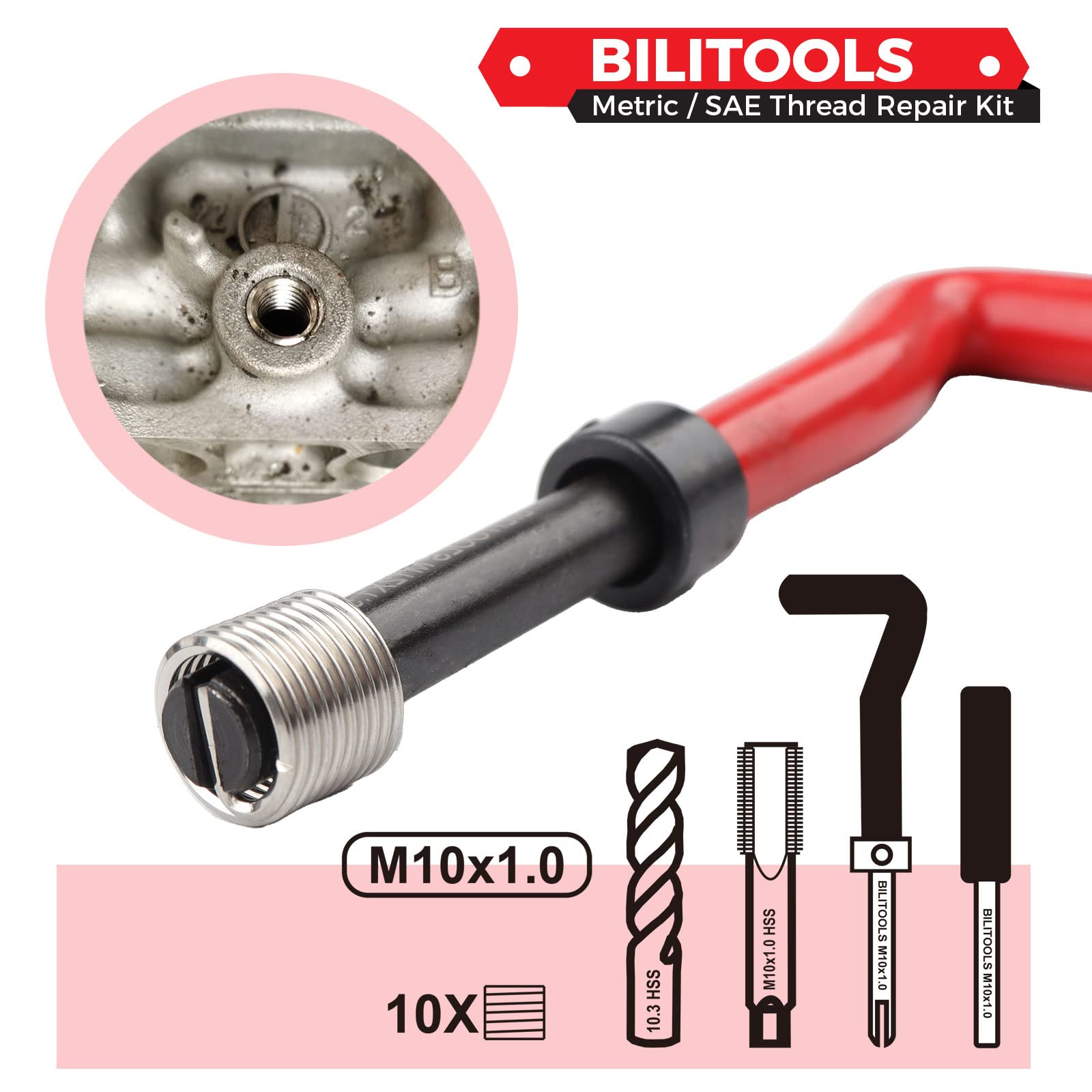 BILITOOLS installation tool for precise insert placement in metal.