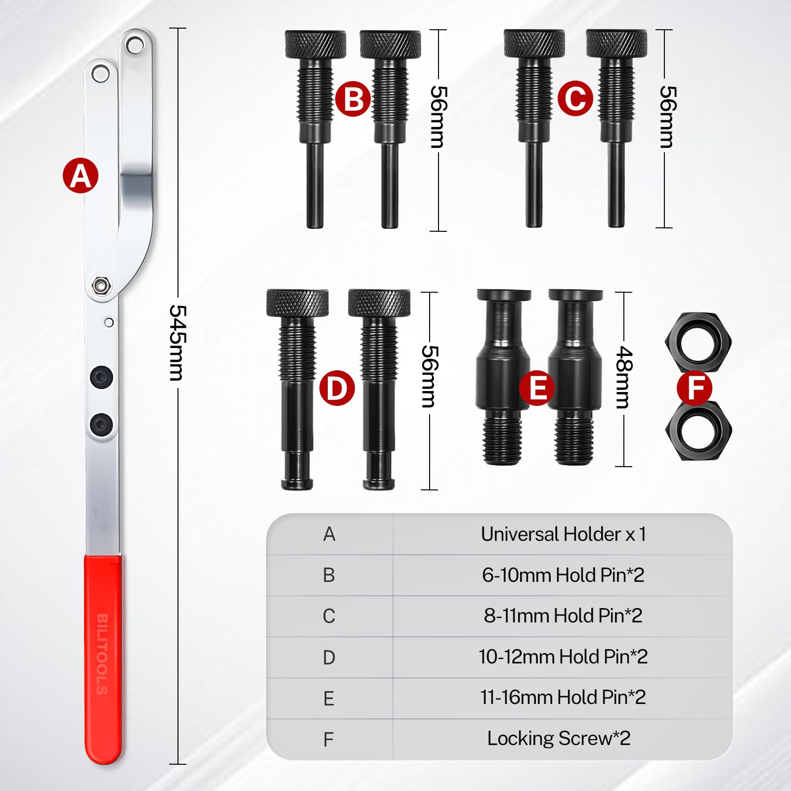 BILITOOLS interchangeable pin set enables precise pulley hole matching.