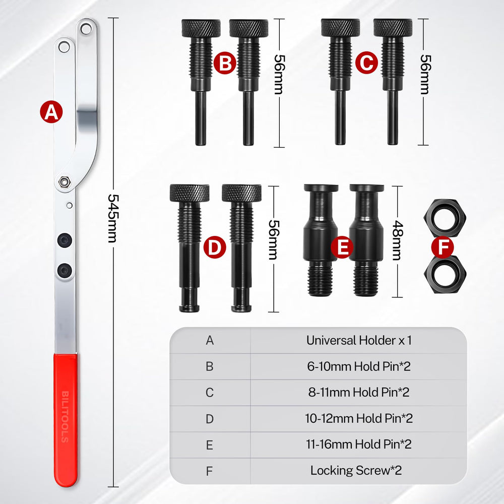 BILITOOLS interchangeable pin set enables precise pulley hole matching.