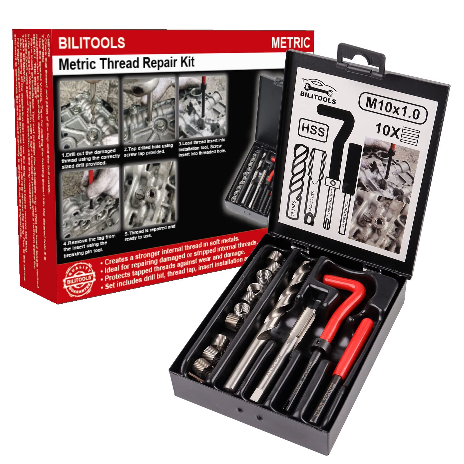 BILITOOLS M10x1.0 thread repair kit with HSS drill for durable metal threading.