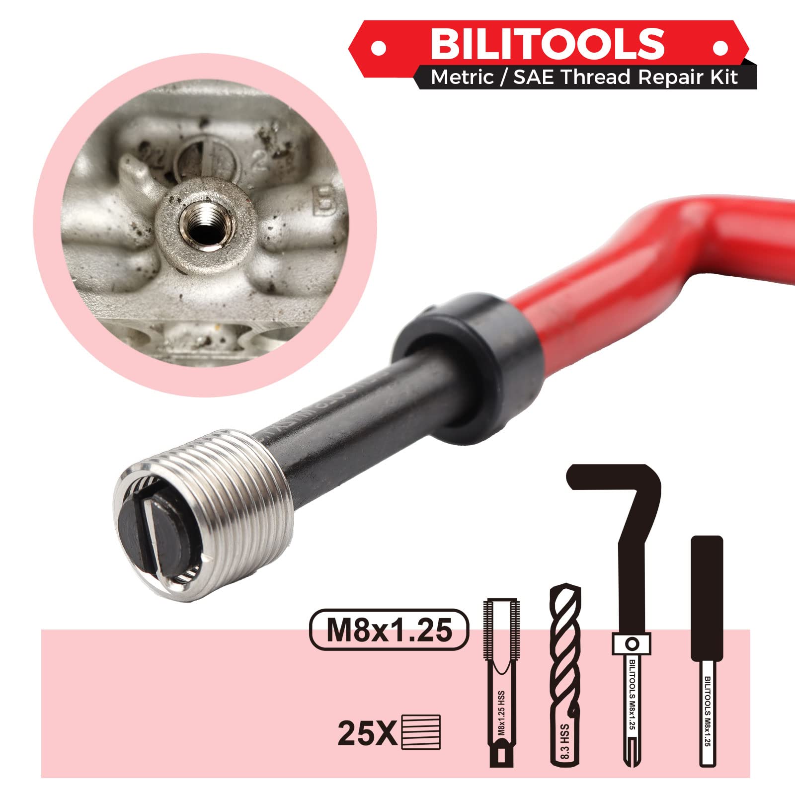 BILITOOLS 304 stainless inserts boost torque in weaker metals.