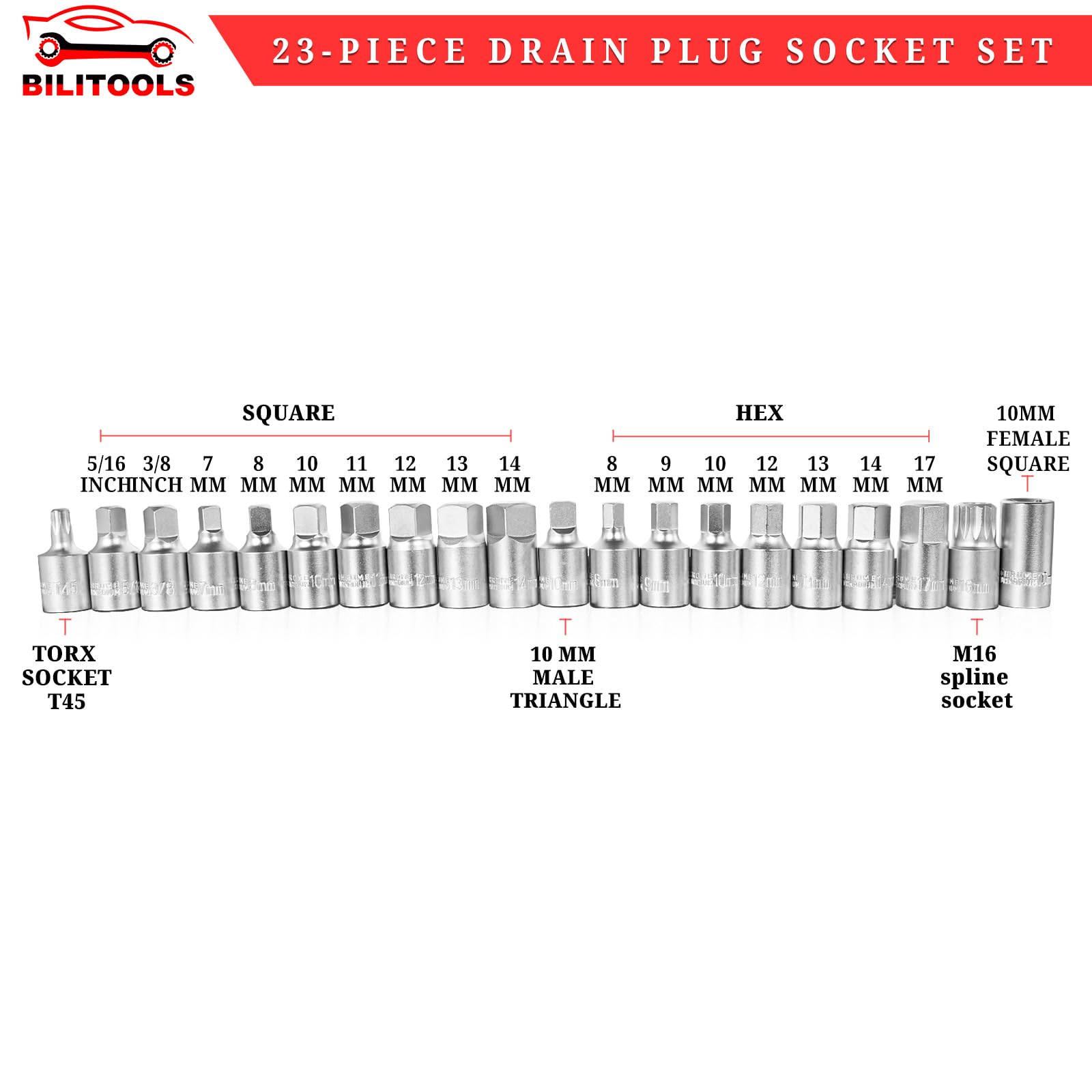 BILITOOLS spline and torx socket detail enabling deep plug access.