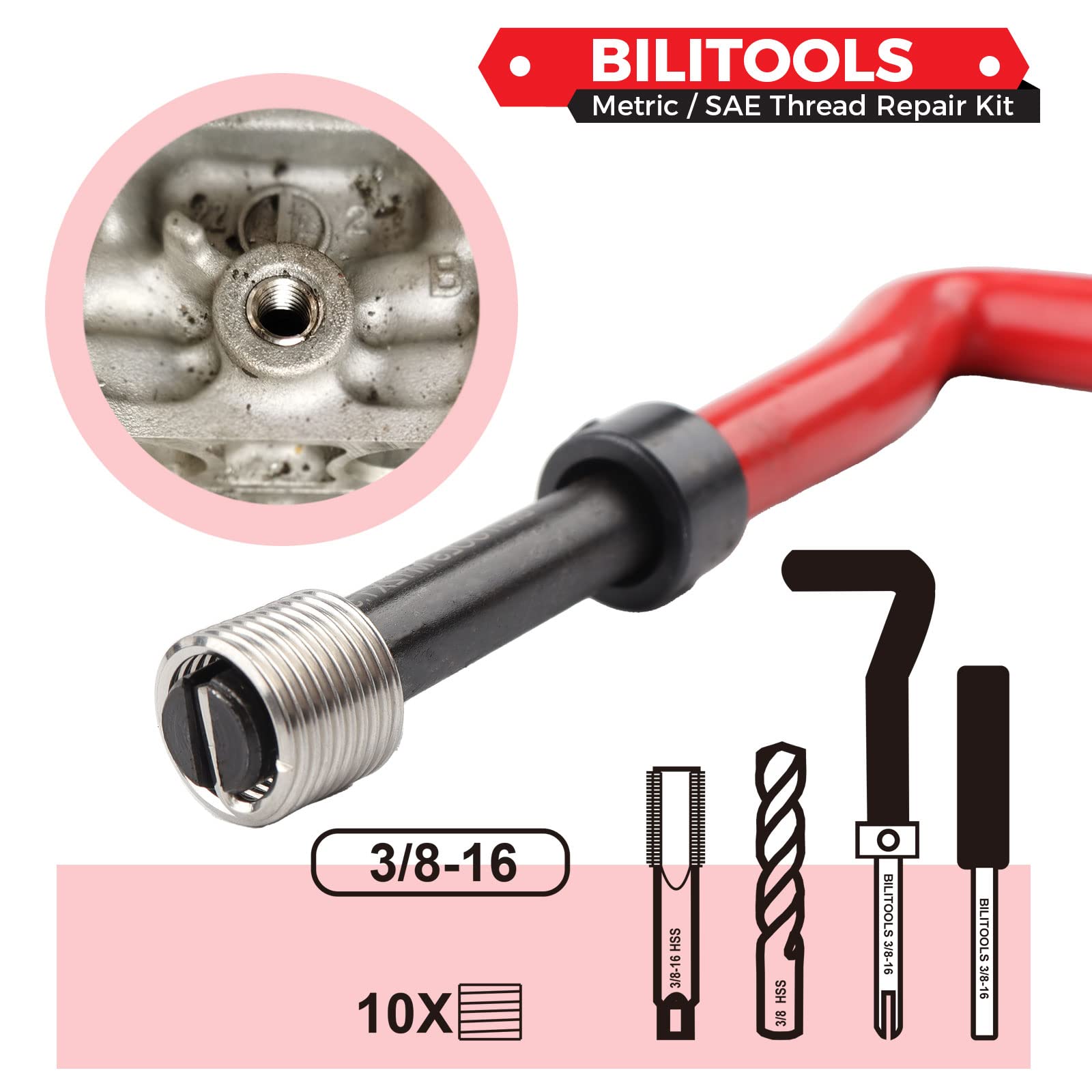 BILITOOLS 304 stainless thread inserts indicate durable repair options.
