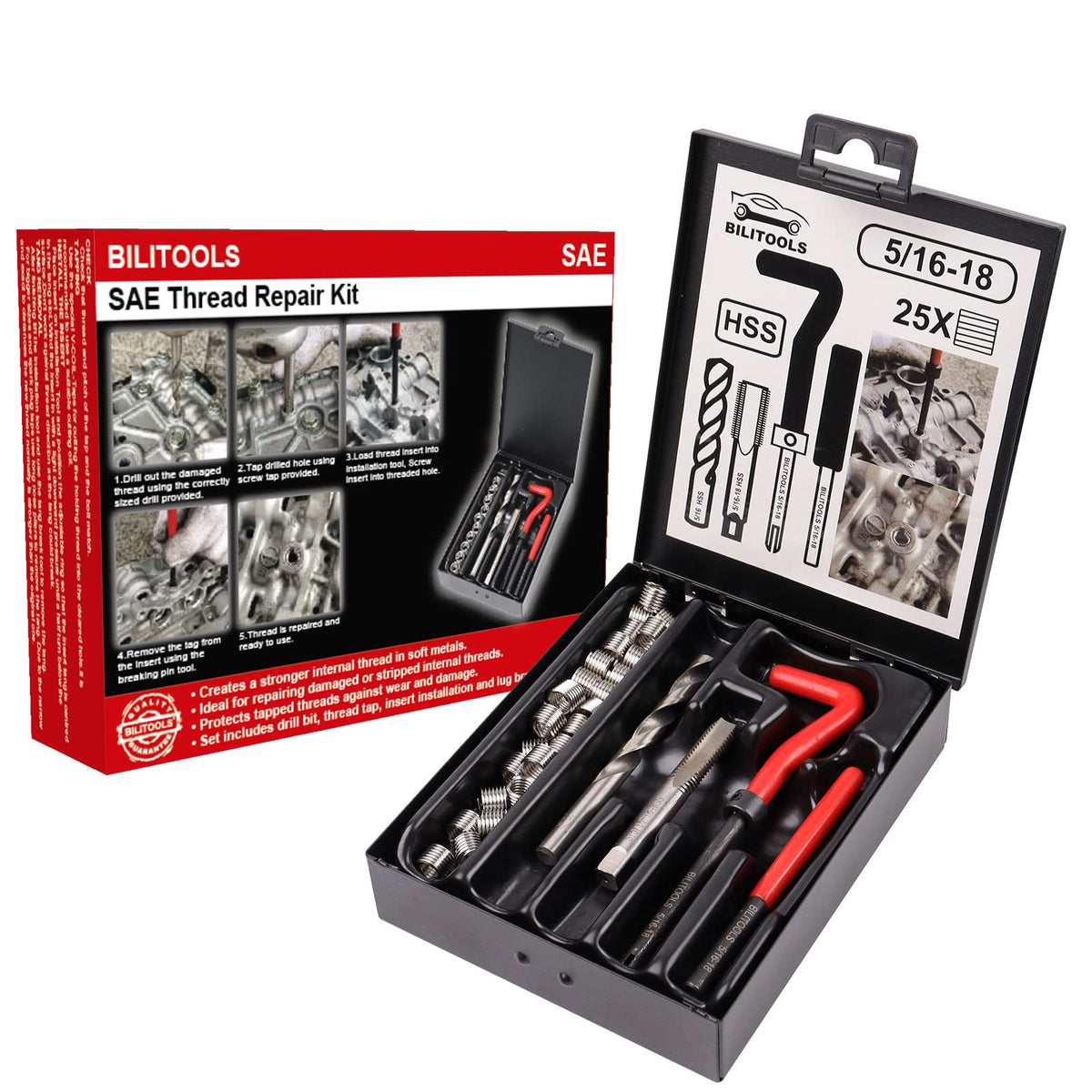 BILITOOLS thread repair kit contents for damaged threads enabling durable on-site fixes.