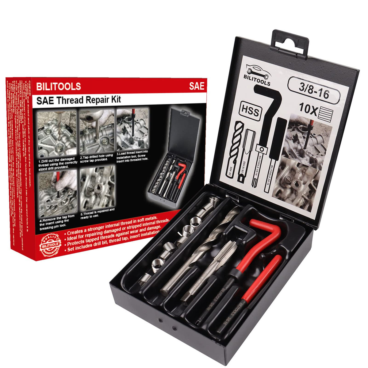 BILITOOLS thread repair kit case showing organized tools for quick field repairs.