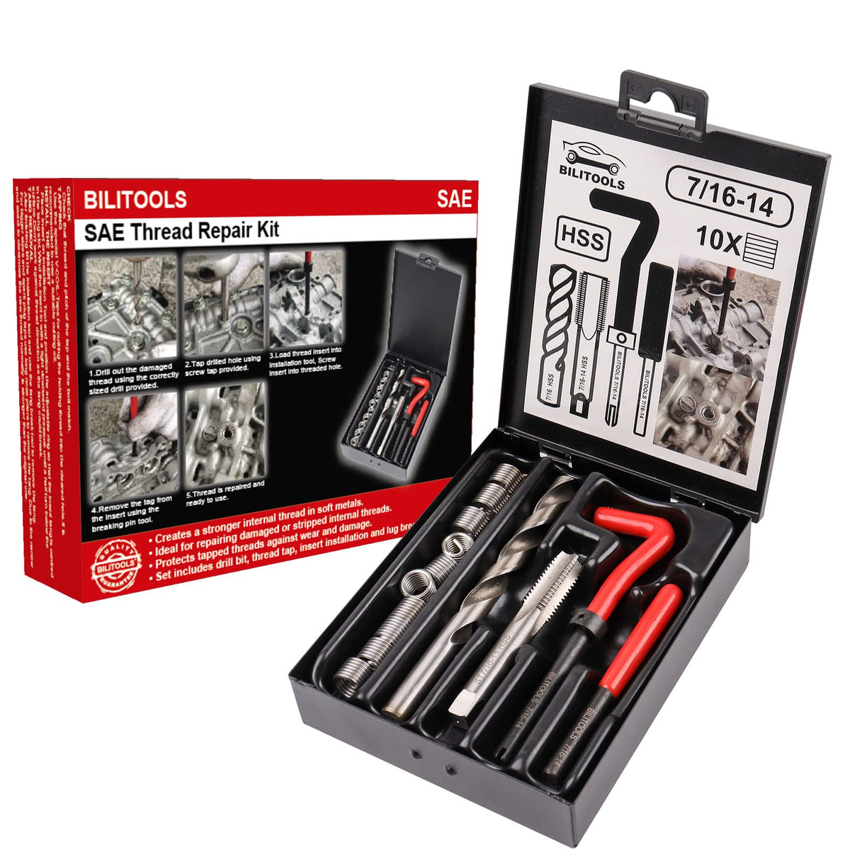 BILITOOLS thread repair kit in its sturdy case for easy transport and field work.