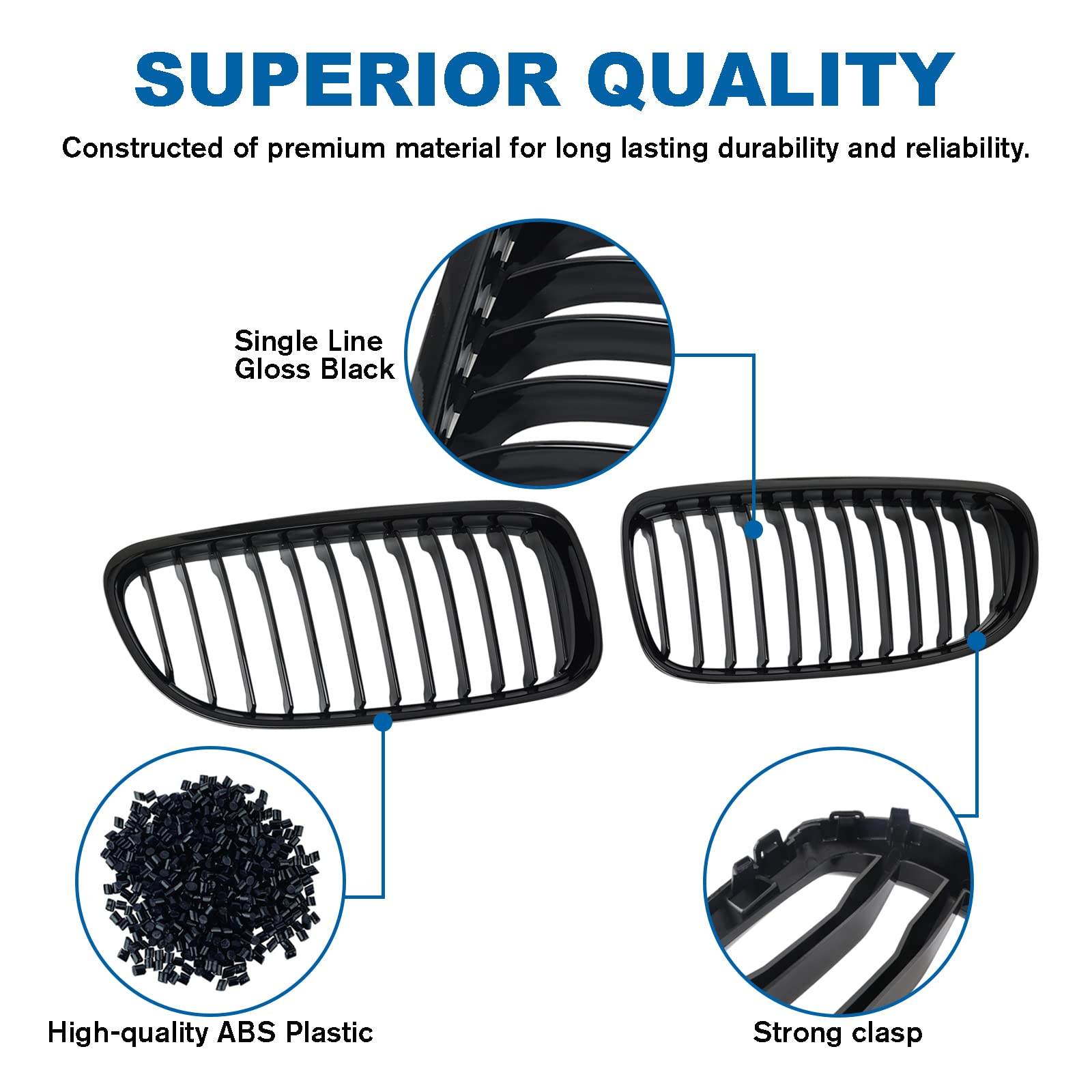 BILLDIO ABS gloss black material resists fading and corrosion on the E90 grille