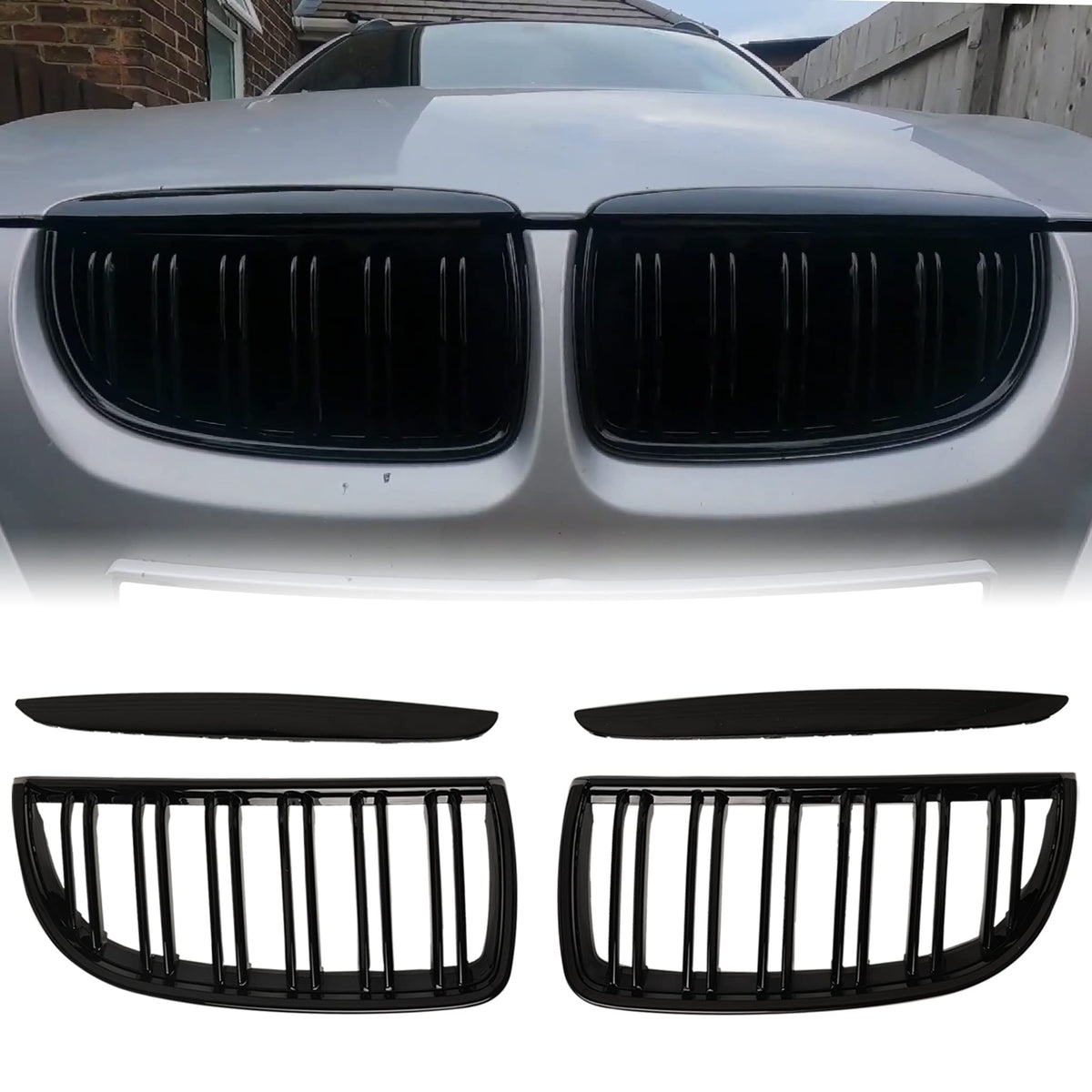 BILLDIO E90 grille with double slats in glossy black, front view upgrade for BMW 3 Series.