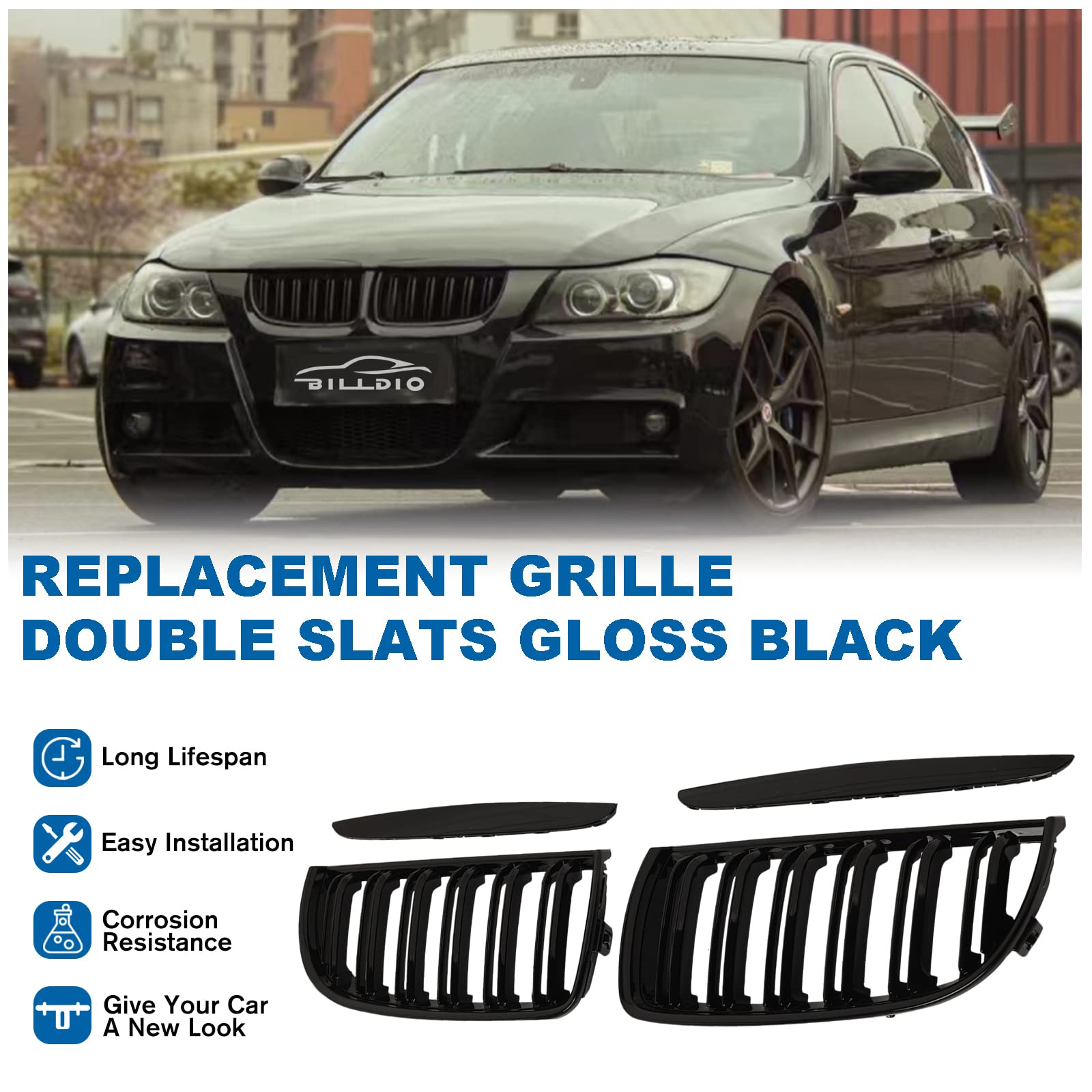BILLDIO E90 grille close-up of kidney shape in glossy black for a refined look.