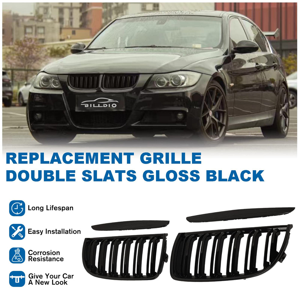 BILLDIO E90 grille close-up of kidney shape in glossy black for a refined look.