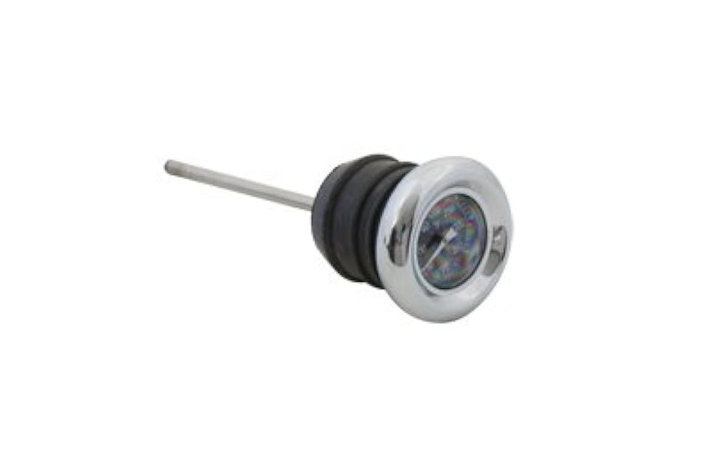 Billet Proof Designs chrome shorty dipstick with oil temperature gauge for Harley XL—easy to read