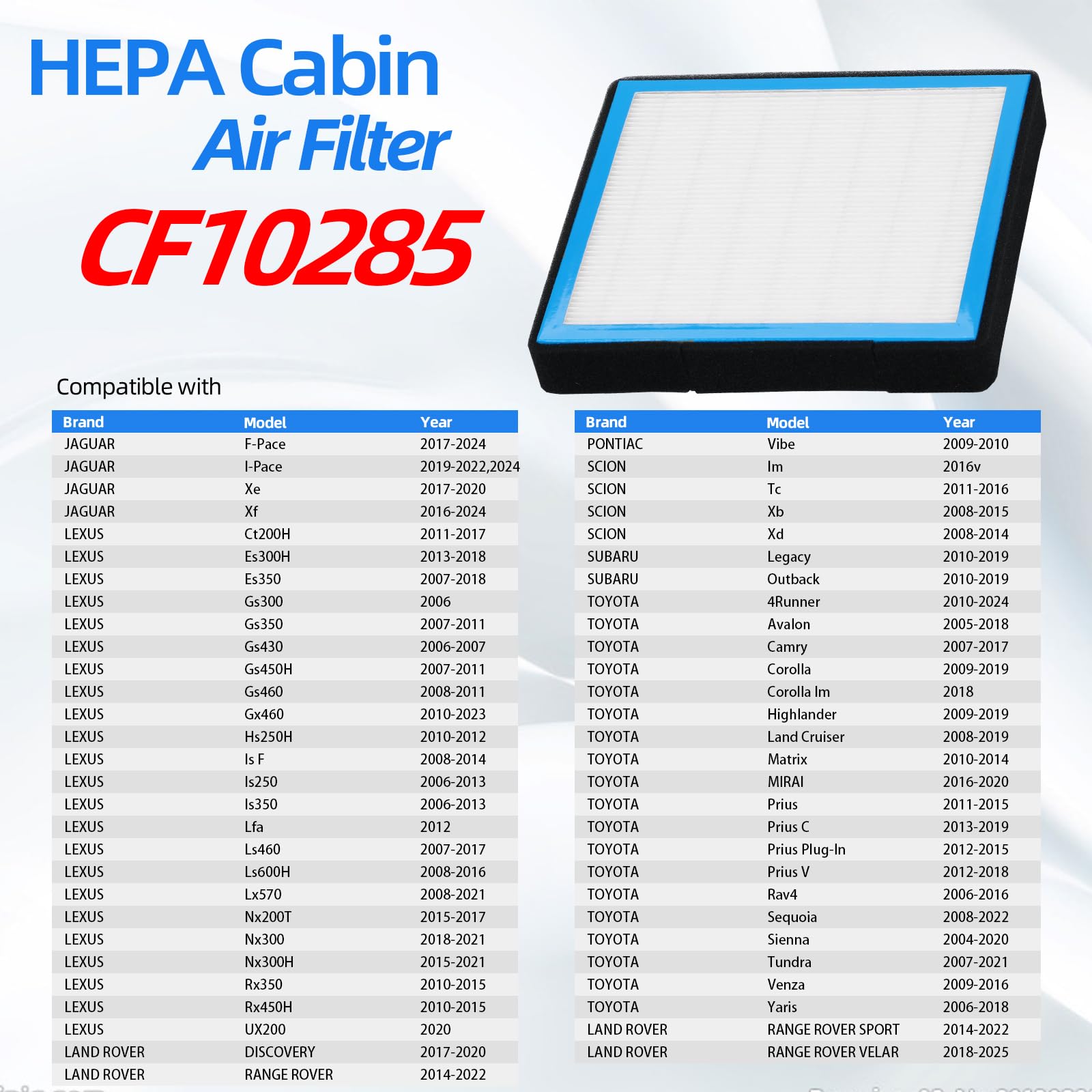 Billowy CF10285 compatibility chart highlighting Toyota and Lexus models.