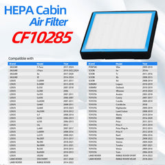 Billowy CF10285 compatibility chart highlighting Toyota and Lexus models.