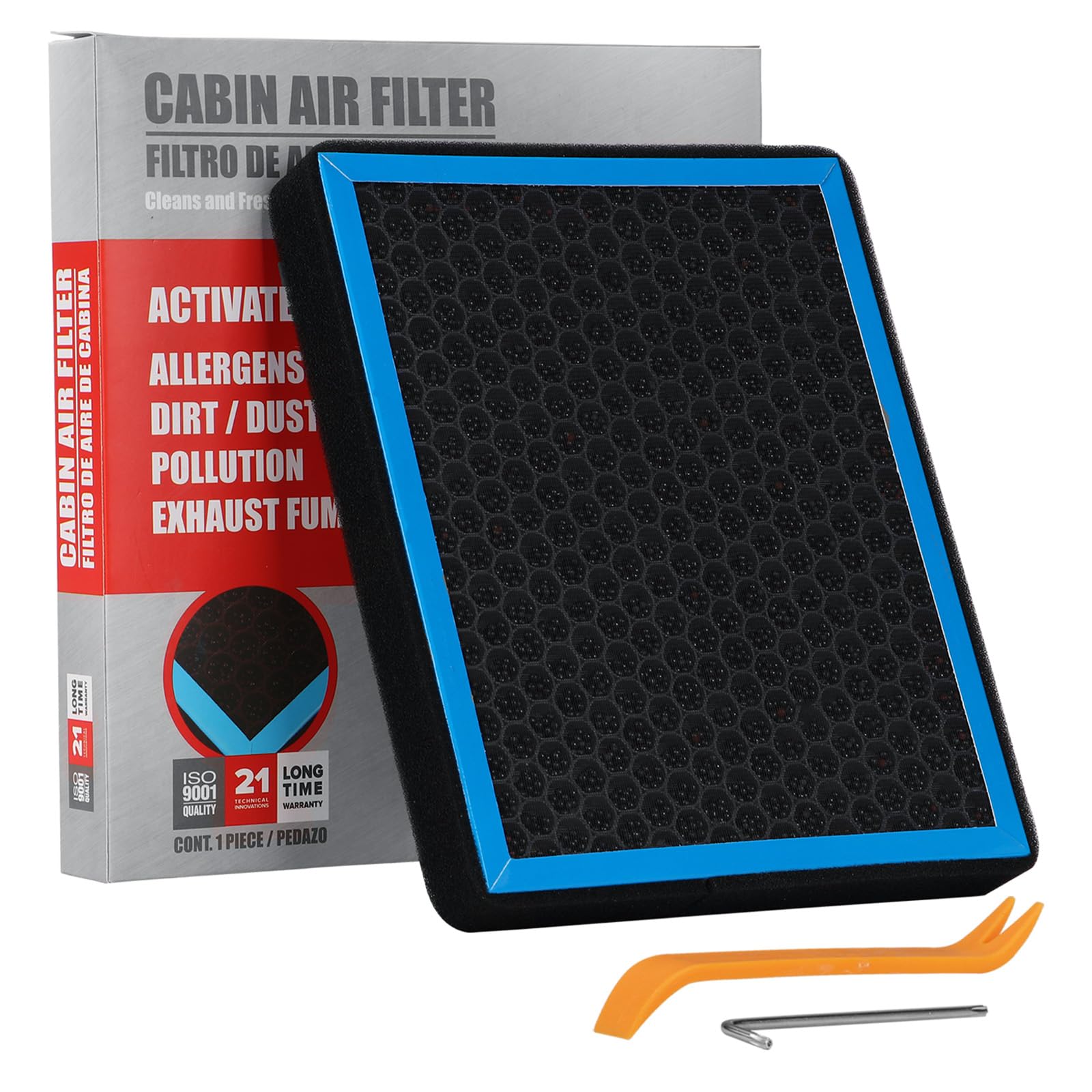 Billowy CF12150 cabin air filter front view with dense filtration for cleaner cabin air.