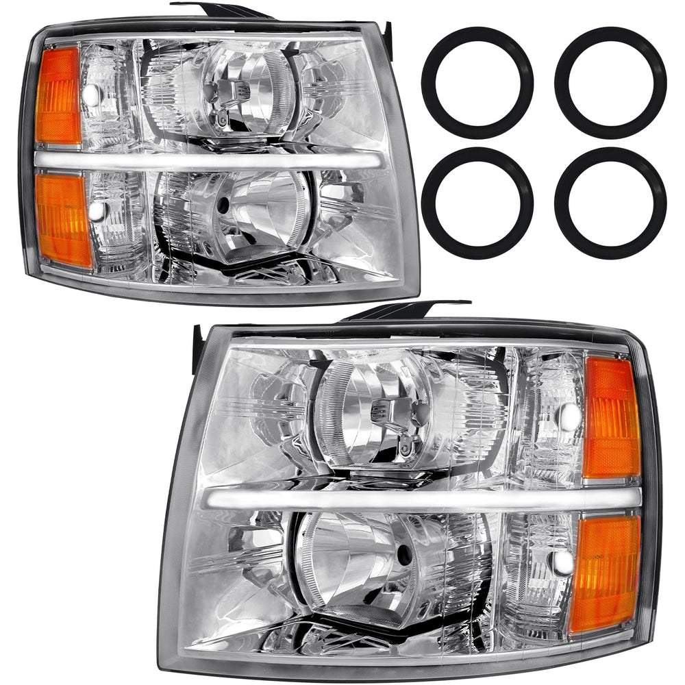 Bincmay Silverado driver-side headlight with chrome housing and amber reflector improves visibility.