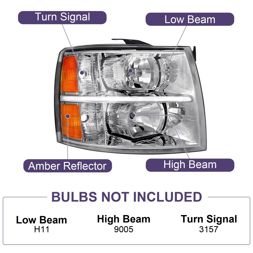 Bincmay Silverado passenger-side headlight with chrome housing and amber reflector.