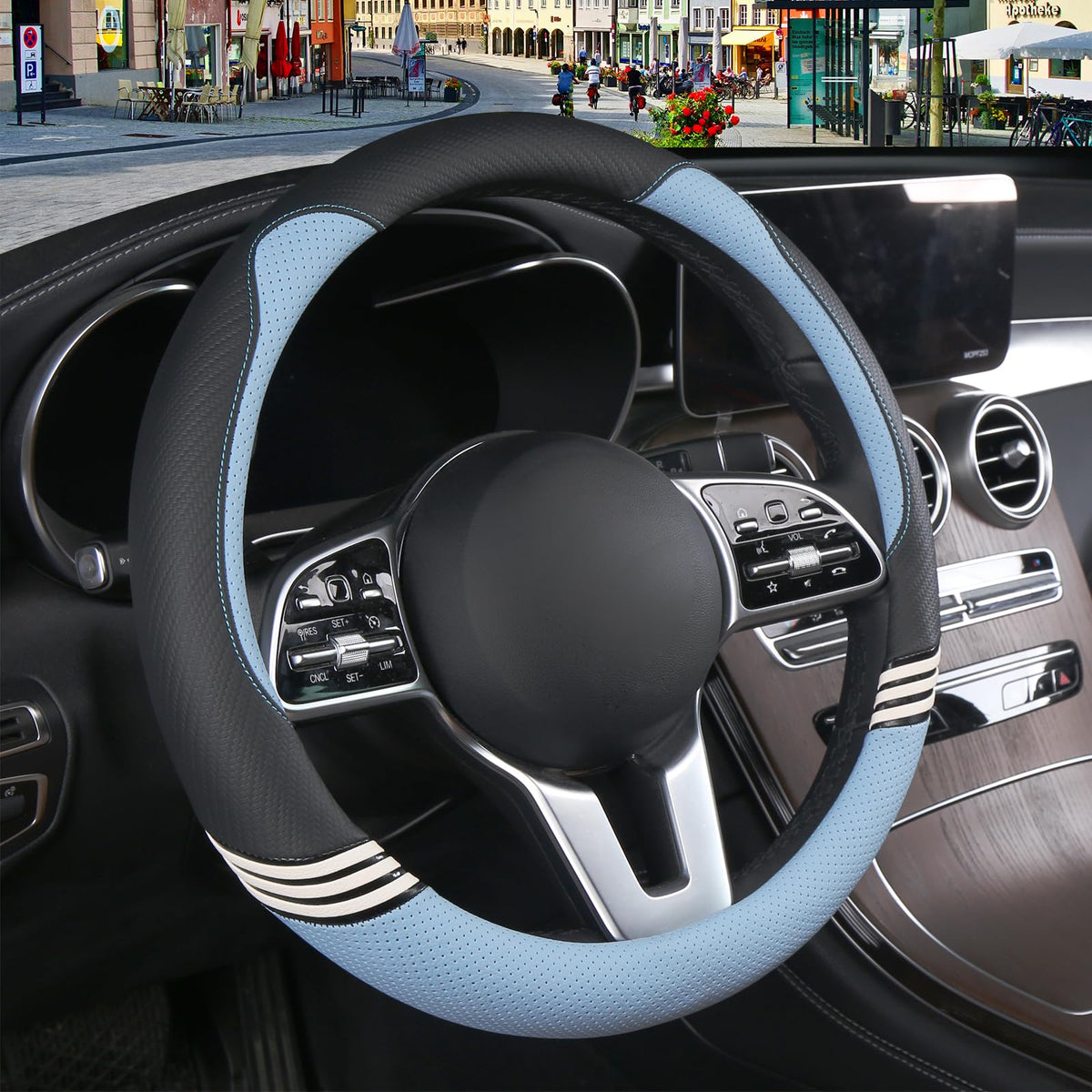 Binsheo bear ears steering cover on a black and blue wheel, blending style and grip