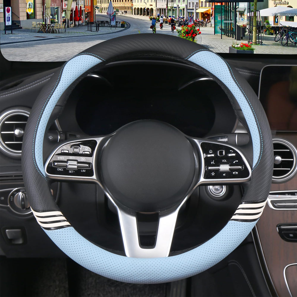 Binsheo breathable leather steering cover showing soft texture and airflow