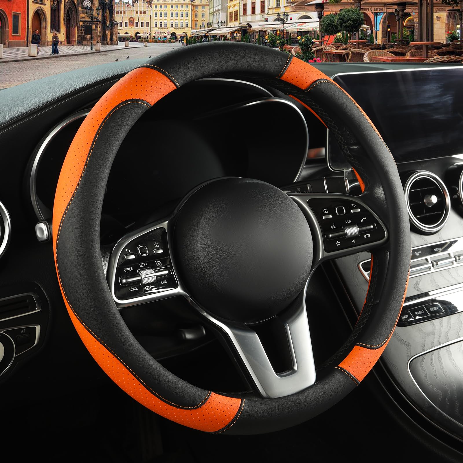 Binsheo leather steering wheel cover with universal 14.5–15 inch fit for improved grip.